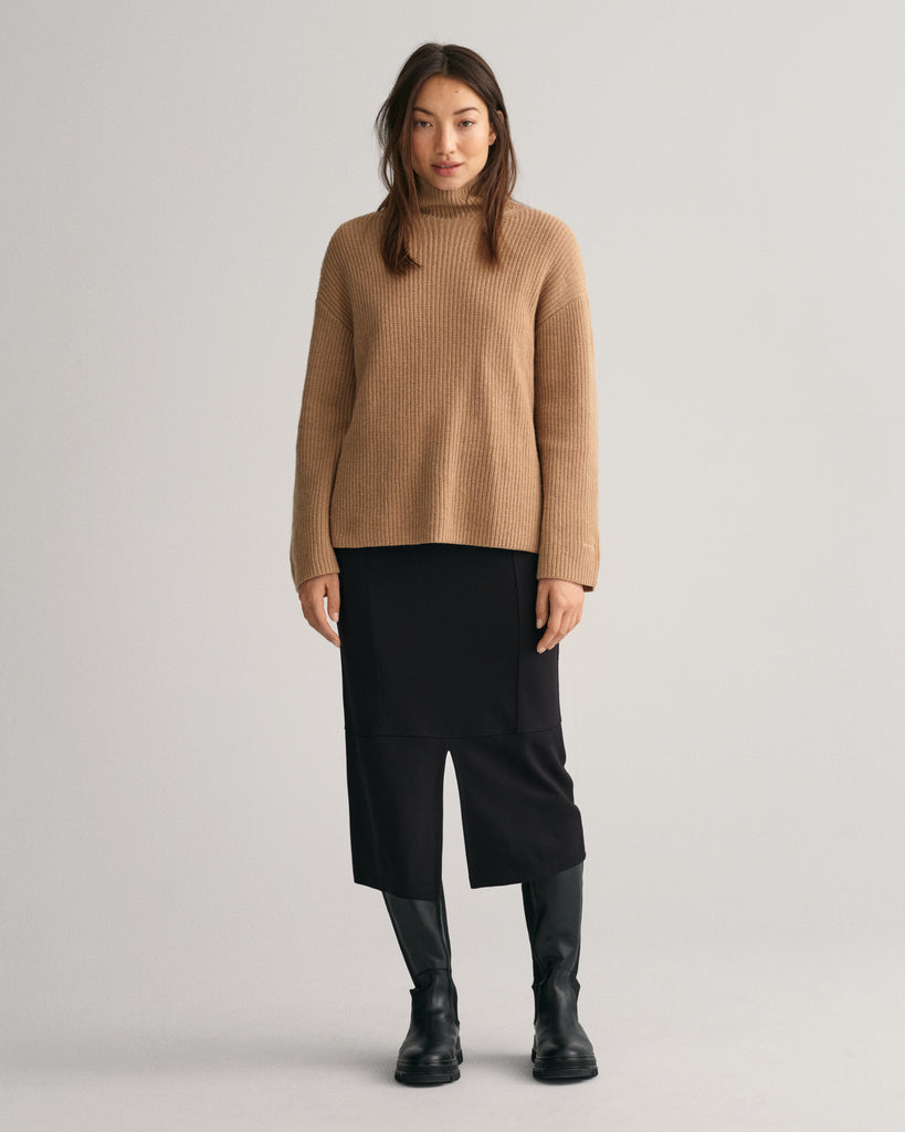 Gant Wool Ribbed Stand Collar Wool Sweater in Camel